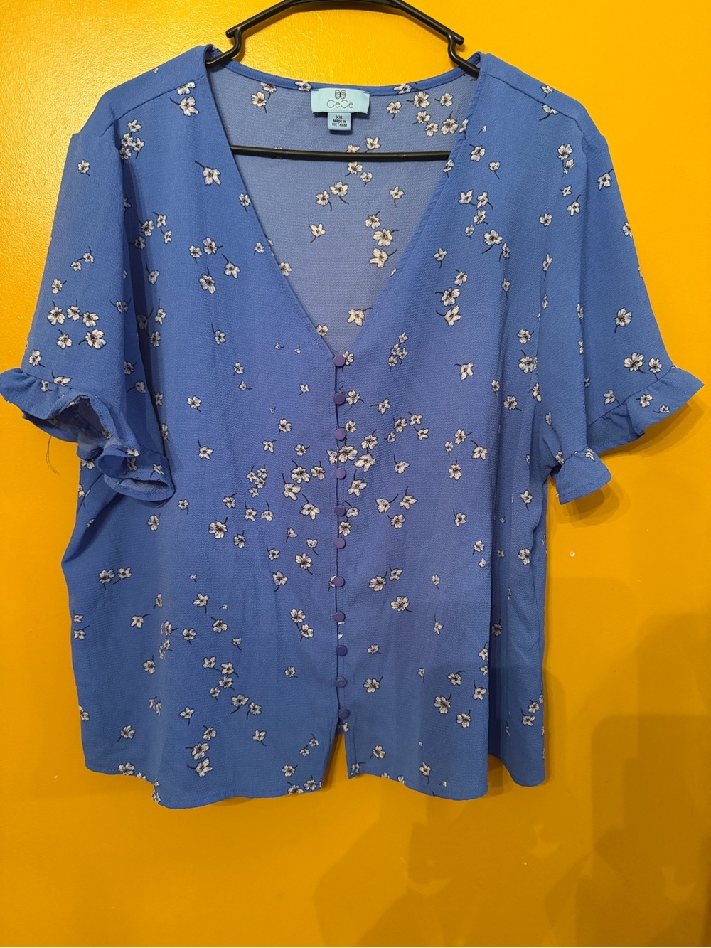 CeCe Periwinkle Blue Floral V-Neck Button Blouse